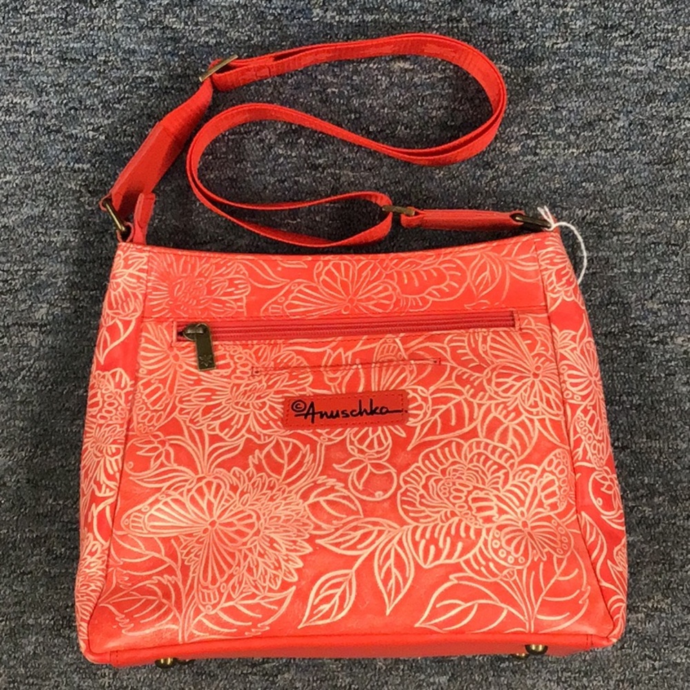 Sold-Anuschka Red Leather Floral Handbag